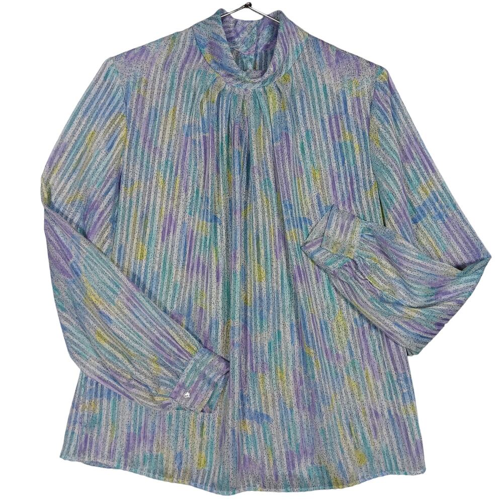 Vintage Anna Kriste Blouse Size Large Sheer Formal Long Sleeve High Neck Pastel